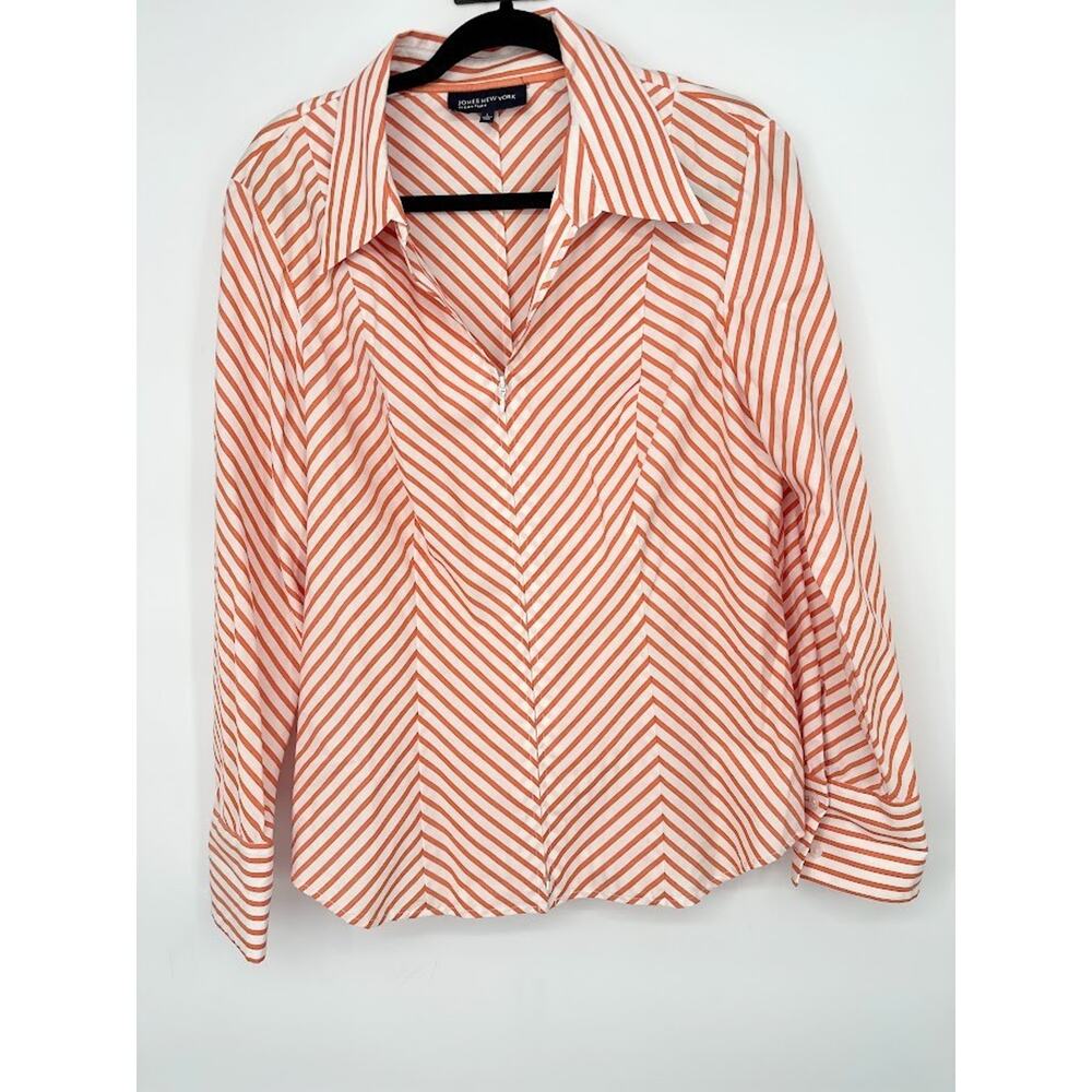JONES NEW YORK Long Sleeve Front Zip 100% Cotton Top Woman's Size L White Orange